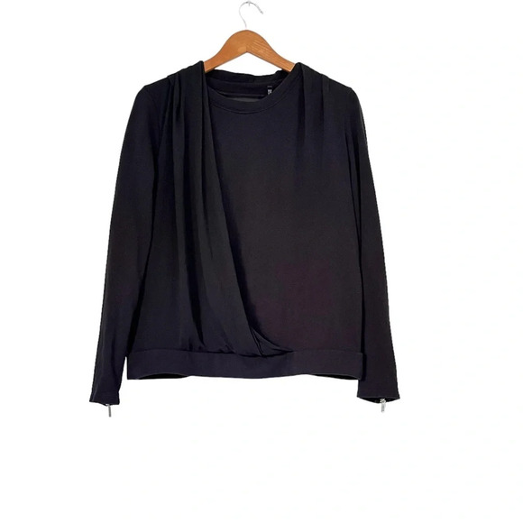Karen Millen Sweatshirt Small UK 10 Black Cotton/Silk Mesh Ruffle Athleisure - Picture 1 of 9